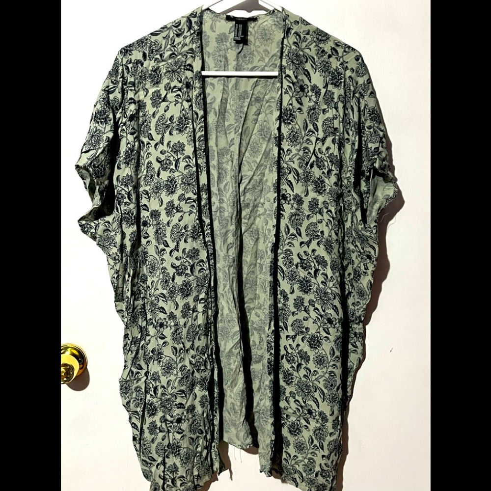 Sage green black floral print kimono